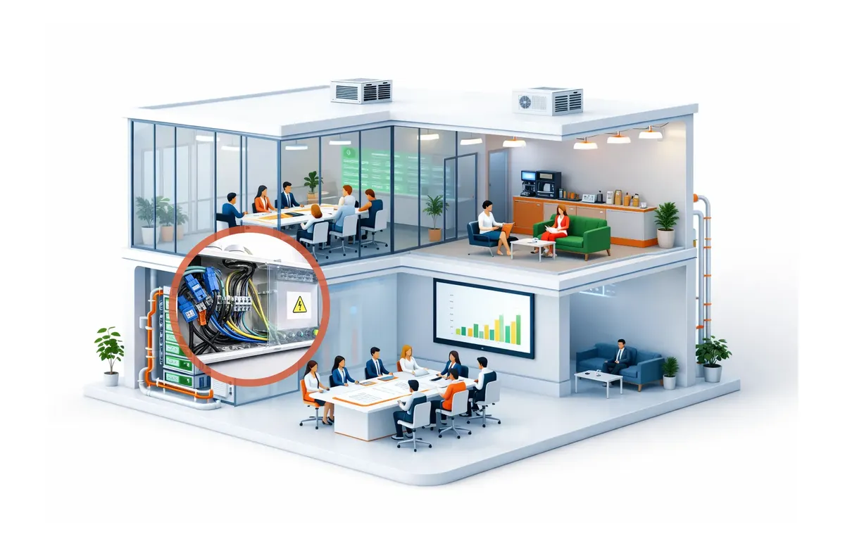 Isometric commercial building with electrical panel and energy metering hardware highlighted