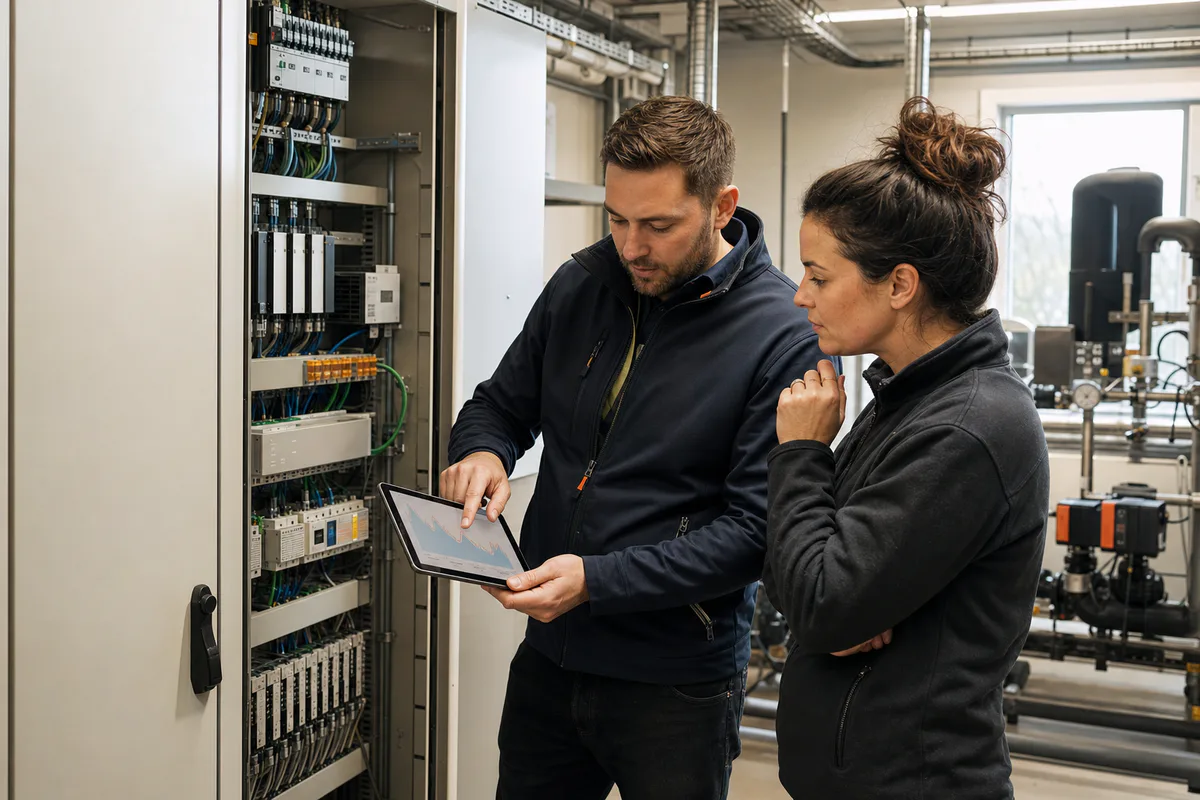 Engineer and site manager reviewing commissioning data beside building controls