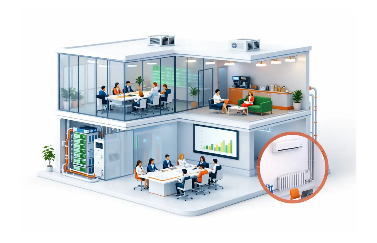 Isometric commercial building with HVAC radiator and air conditioning sensor highlighted