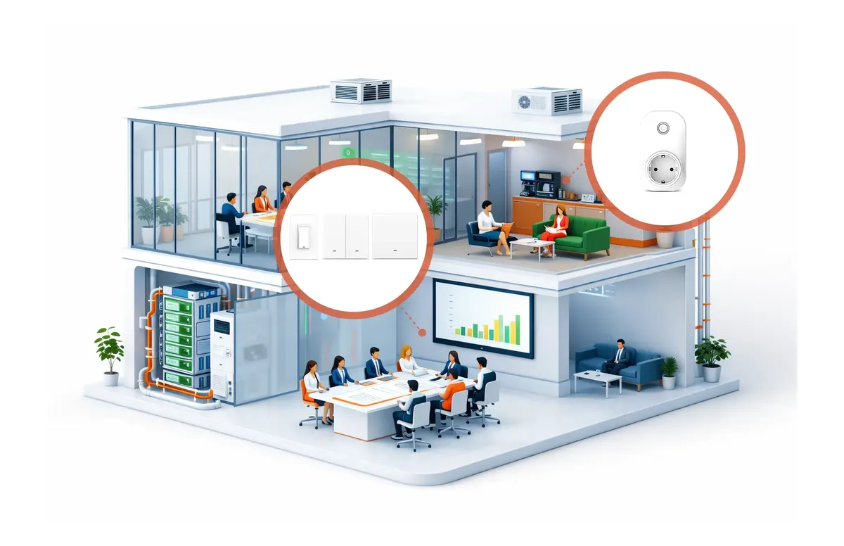 Isometric commercial building with smart light switches and plug controllers highlighted