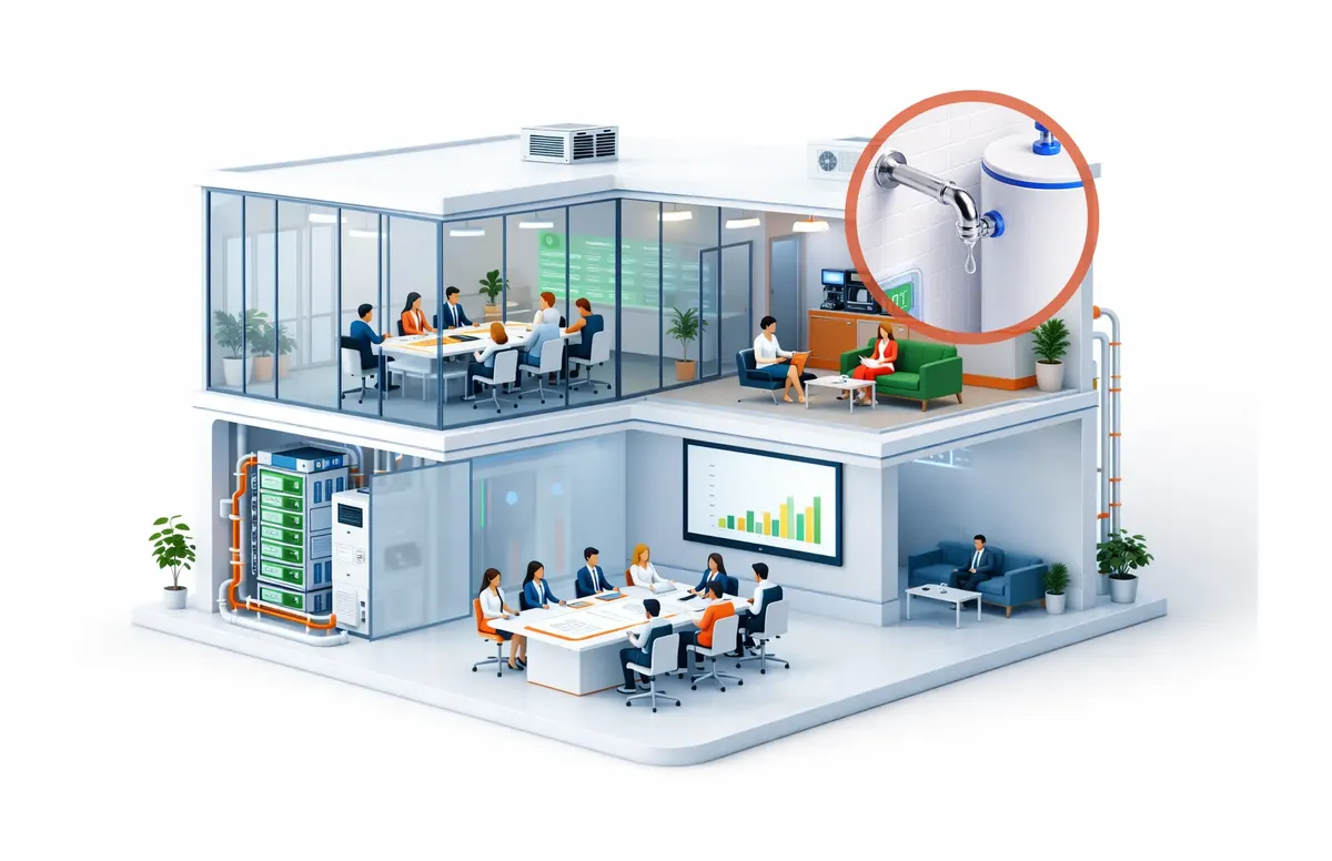 Isometric commercial building with water tank and pipe leak sensor highlighted