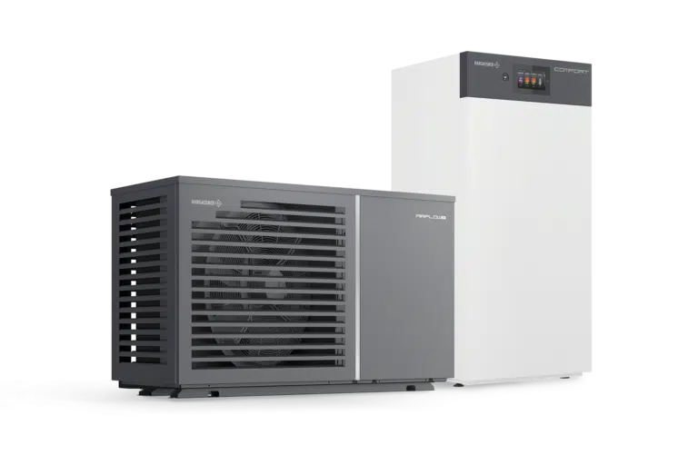 Heat pump system serviced by Optim Energy in Ireland - outdoor compressor and indoor unit