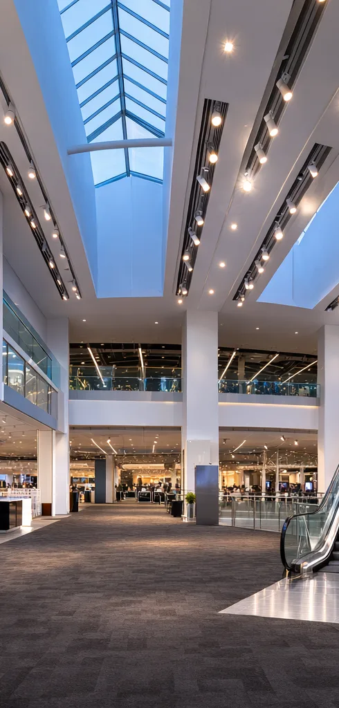 Modern commercial building interior with energy-efficient lighting and ventilation