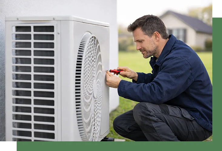 Certified heat pump technician servicing a system
