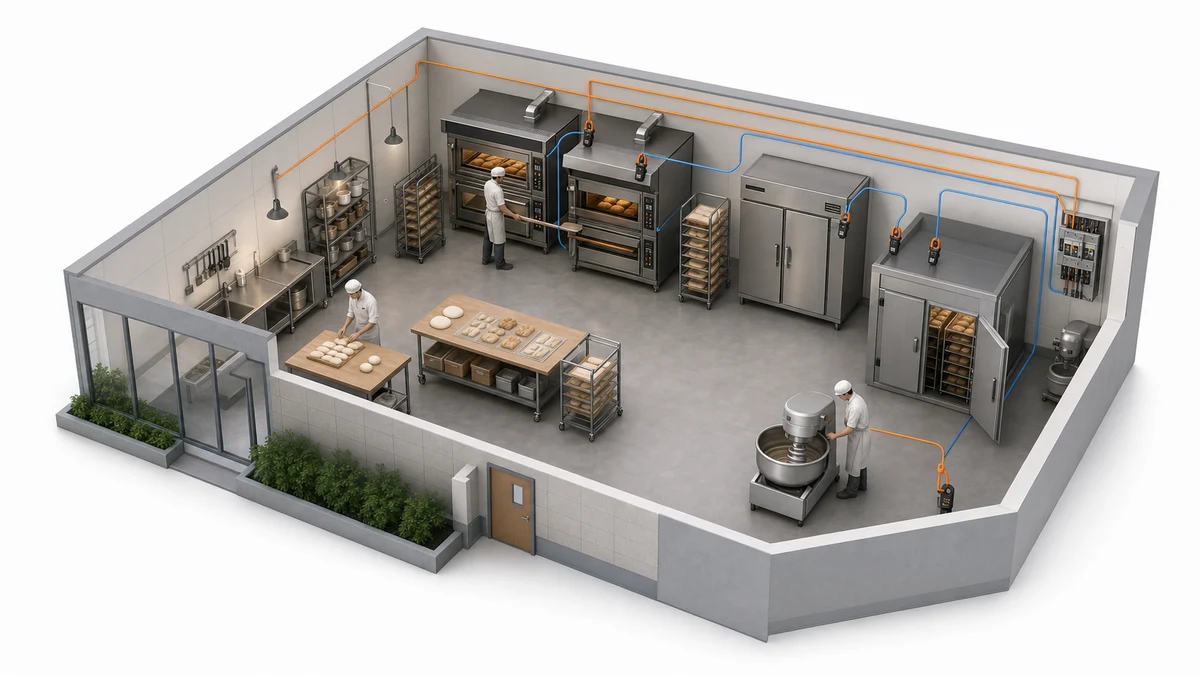 Commercial bakery ovens, proofing and production equipment connected to circuit-level energy monitoring