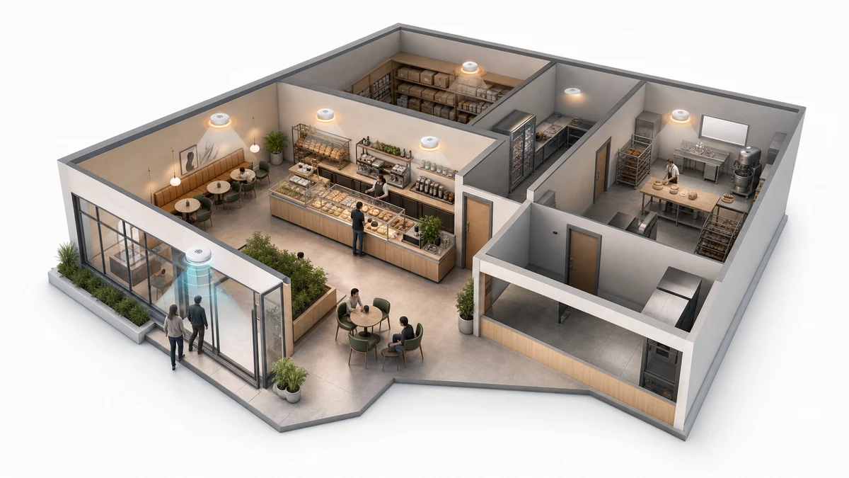 Bakery production and café areas with anonymous presence, footfall and daylight-aware lighting zones