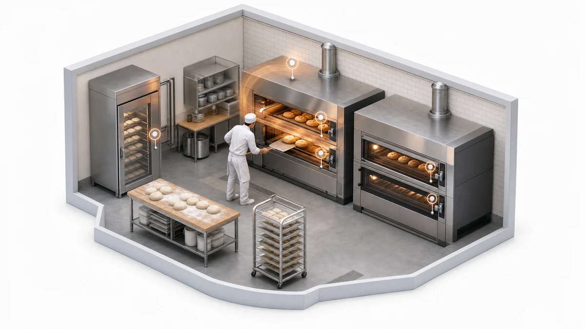 Bakery oven line showing temperature, door-state and operating-cycle monitoring