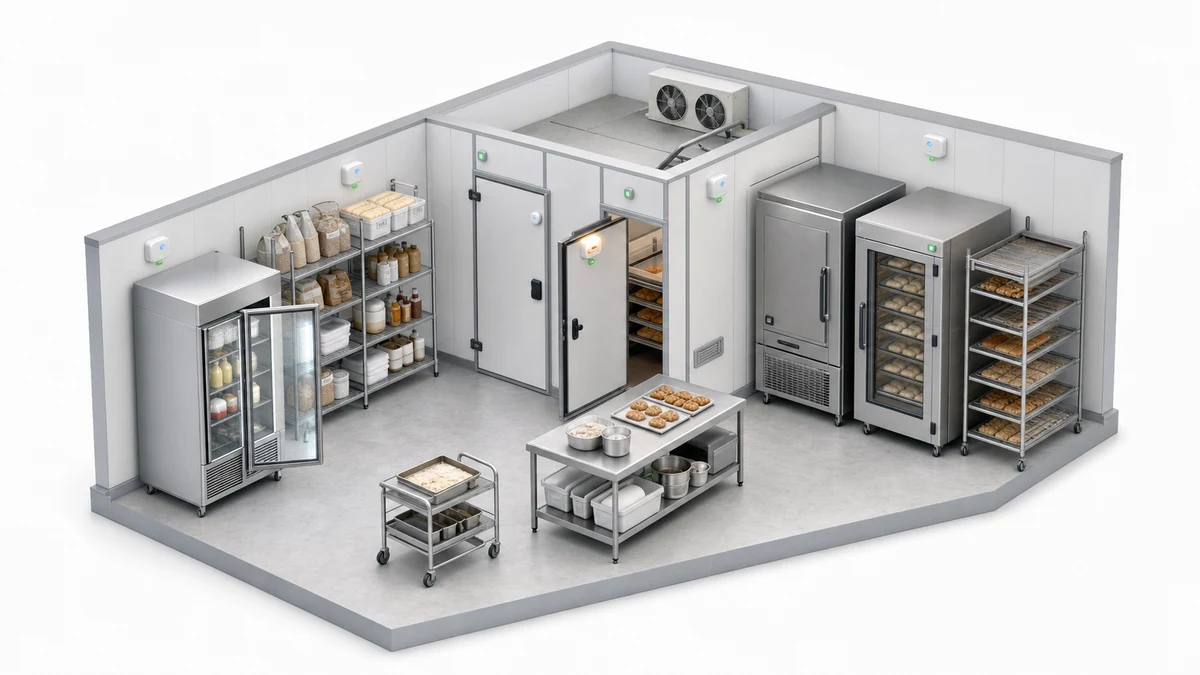 Bakery cold room and refrigeration equipment with temperature, door and power monitoring
