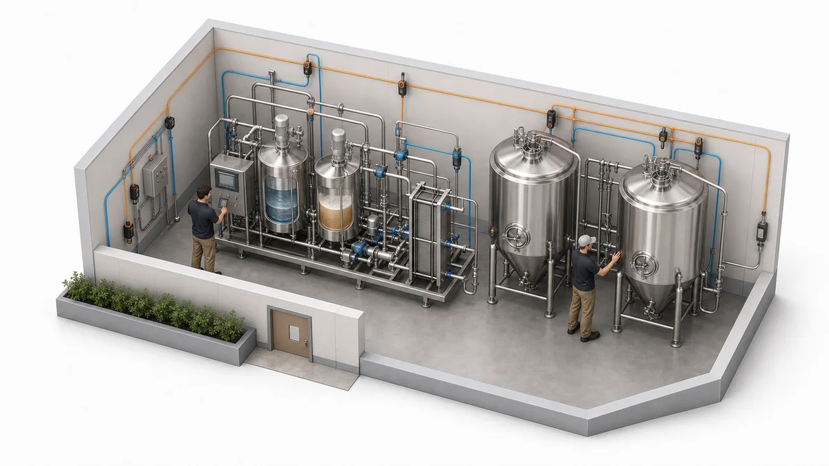 Stainless brewery cleaning-in-place skid with tanks, hygienic pipework, pumps and heat exchanger