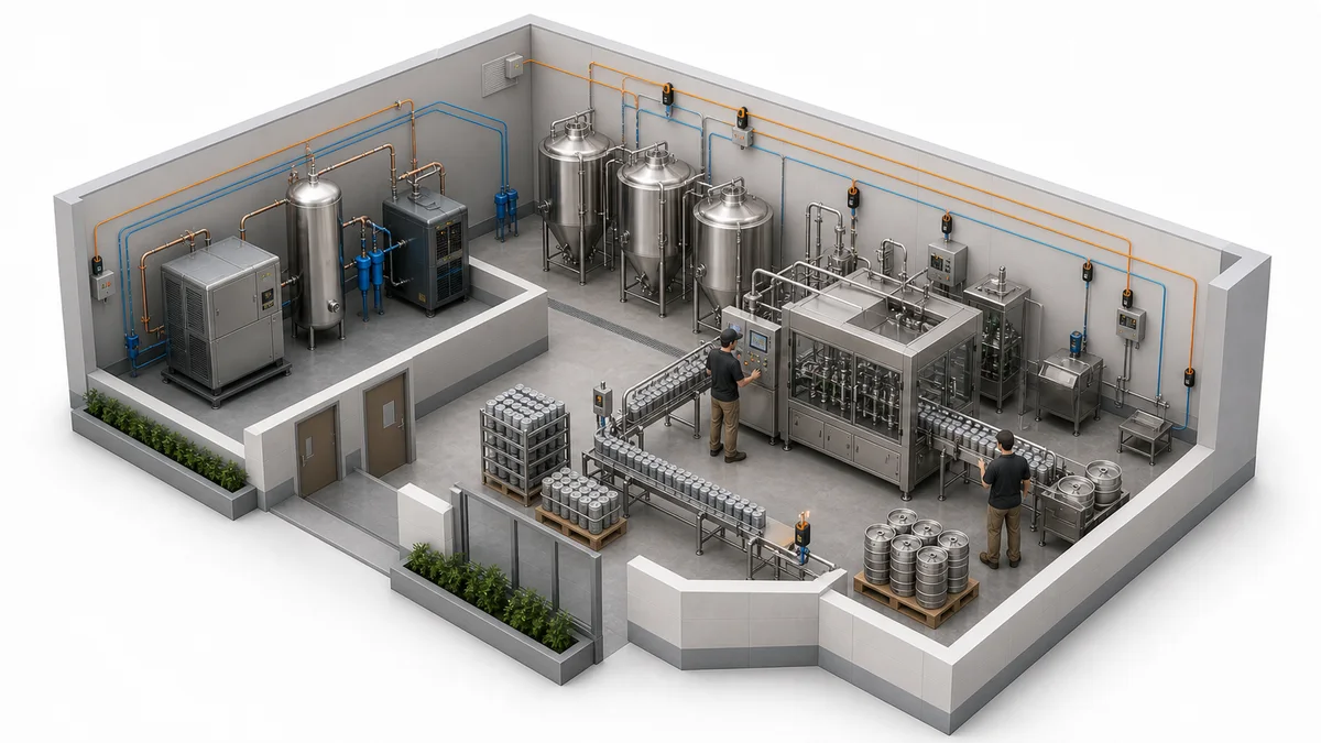 Craft brewery canning line beside a compressed-air utility system