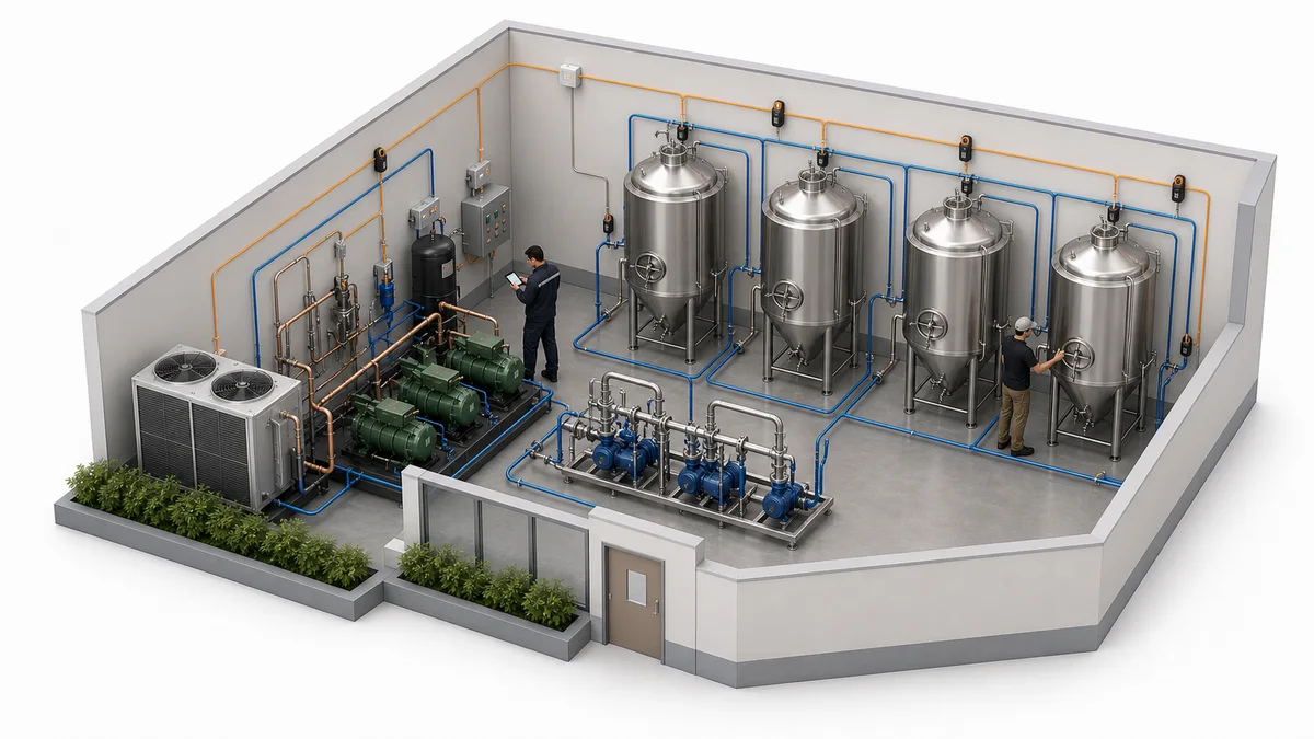 Brewery glycol refrigeration plant connected to stainless fermentation tanks