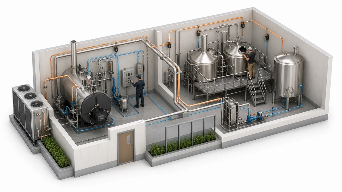Brewery boiler house with insulated steam pipework leading towards the brewhouse