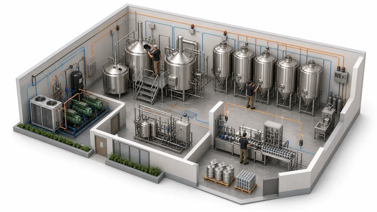 Craft brewery brewhouse and fermentation tanks representing utility and process monitoring points