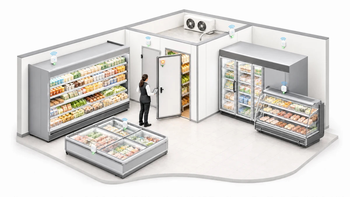 Refrigerated grocery cases with temperature, door-state and cold-chain monitoring overlays