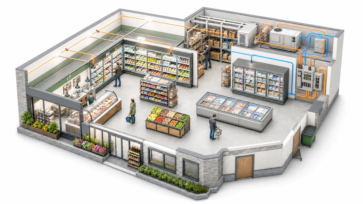 Bright grocery store with refrigeration, lighting and plant circuits connected to energy monitoring