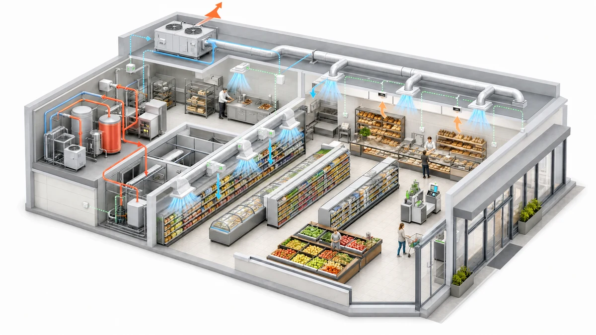 Grocery trading floor and HVAC plant with indoor-condition and ventilation-control overlays