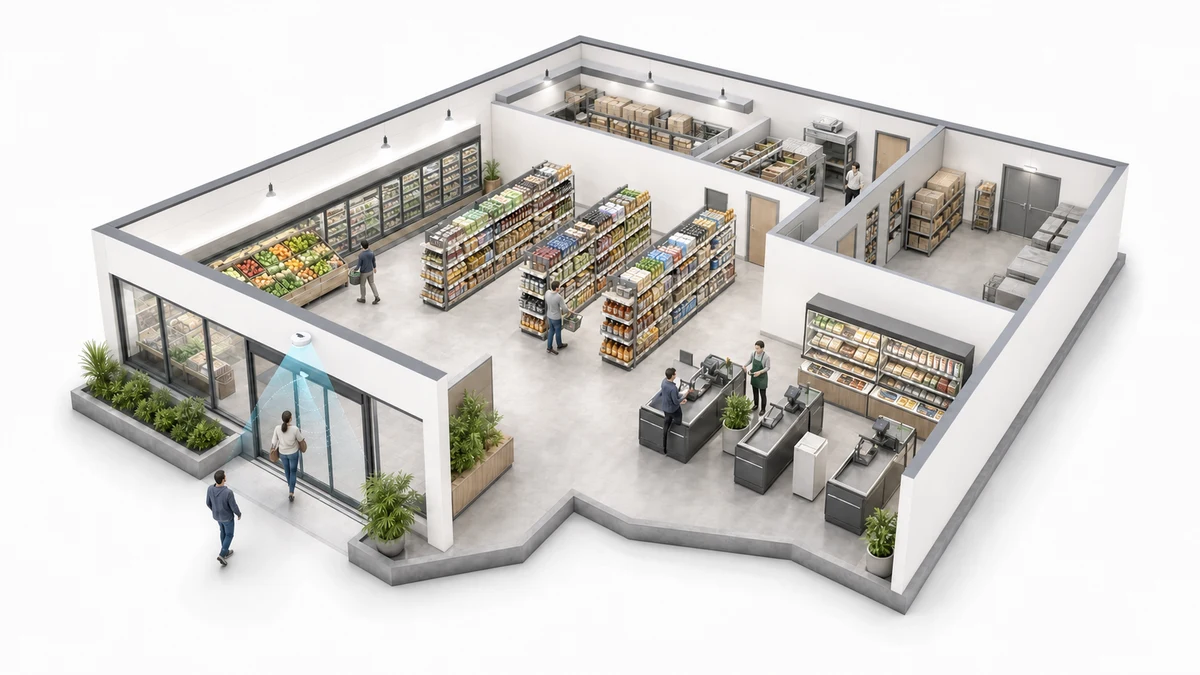 Bright grocery aisles with anonymous footfall, presence and daylight-aware lighting zones