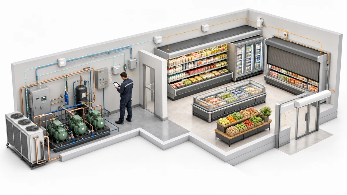 Grocery refrigeration plant and display cases connected to compatible optimisation controls