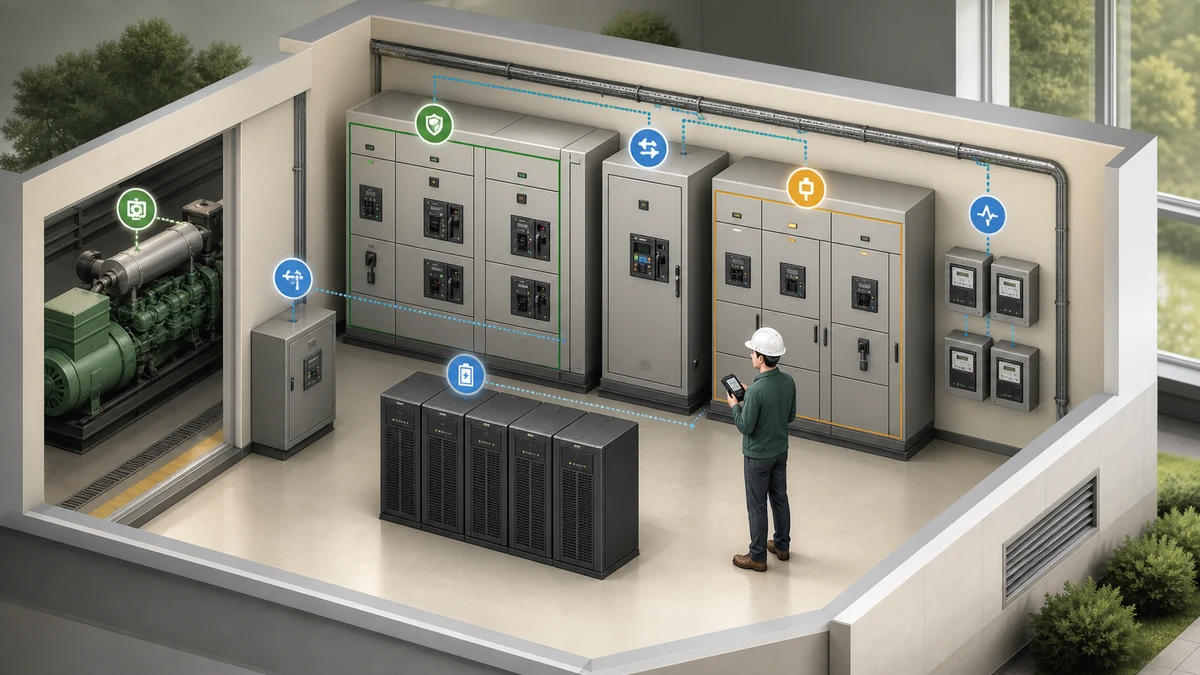 Hospital electrical engineer reviewing closed switchboards, generator connection equipment and UPS status