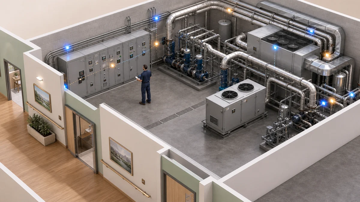 Hospital estates engineer reviewing electrical and mechanical plant in a central plant room