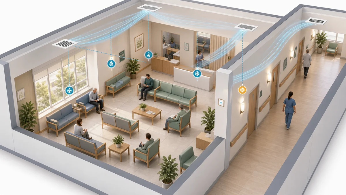 Facilities professional checking ventilation in a bright hospital corridor and waiting area
