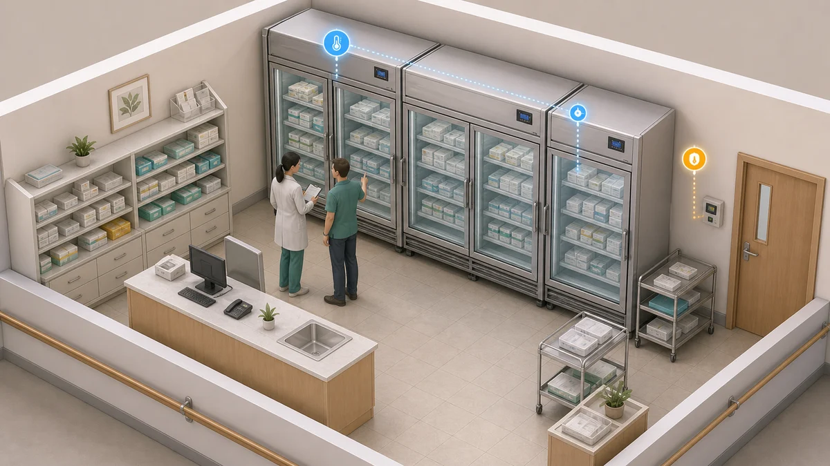Hospital pharmacist and estates technician reviewing pharmacy refrigeration conditions