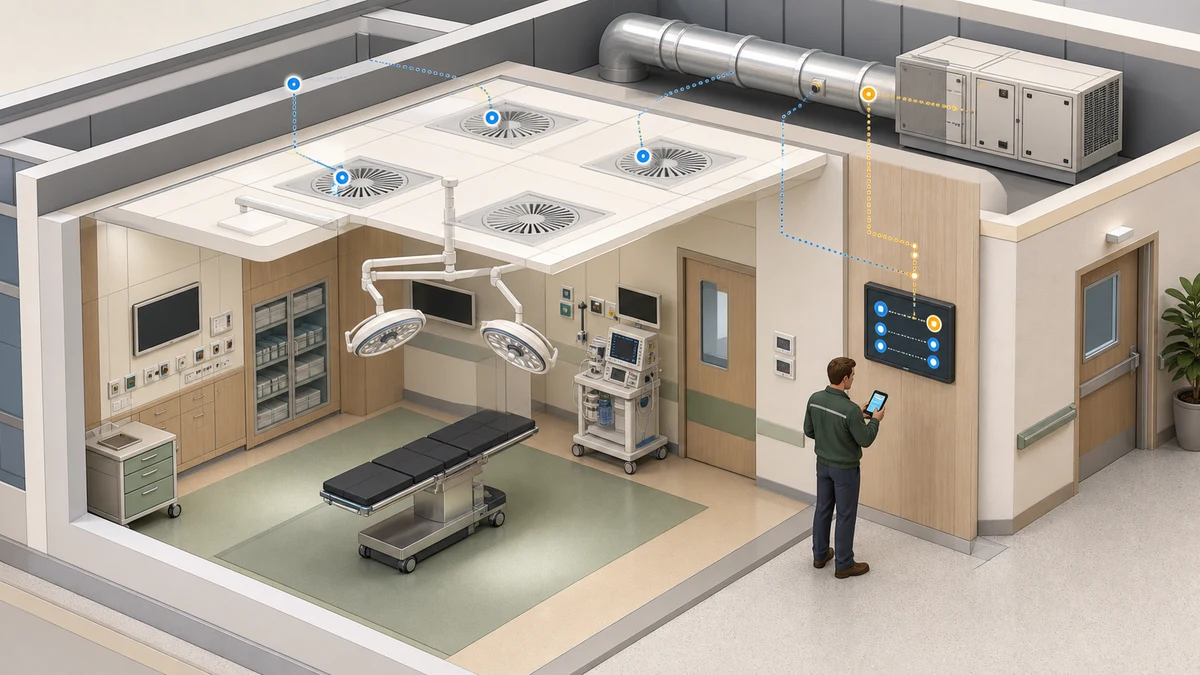 Hospital estates engineer reviewing ventilation status outside an empty operating theatre