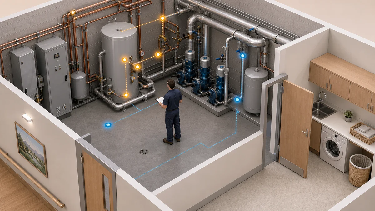 Hospital estates technician inspecting hot-water pipework and a floor-level leak sensor