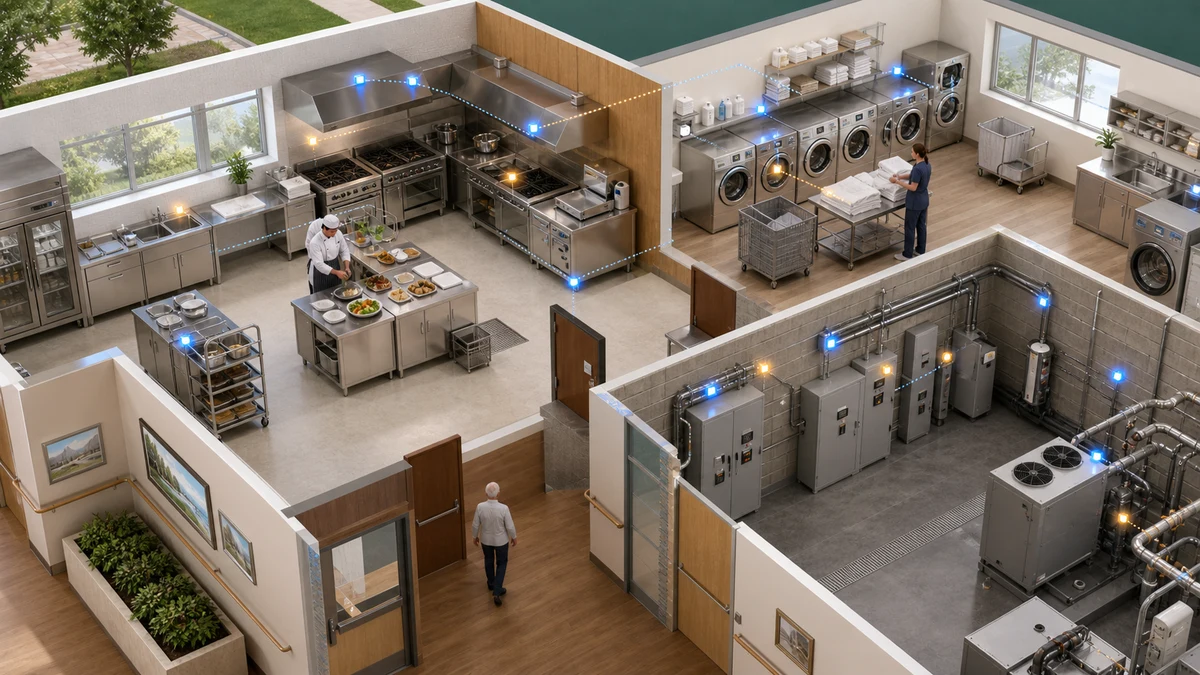 Nursing-home kitchen, laundry and plant areas connected to circuit-level energy monitoring