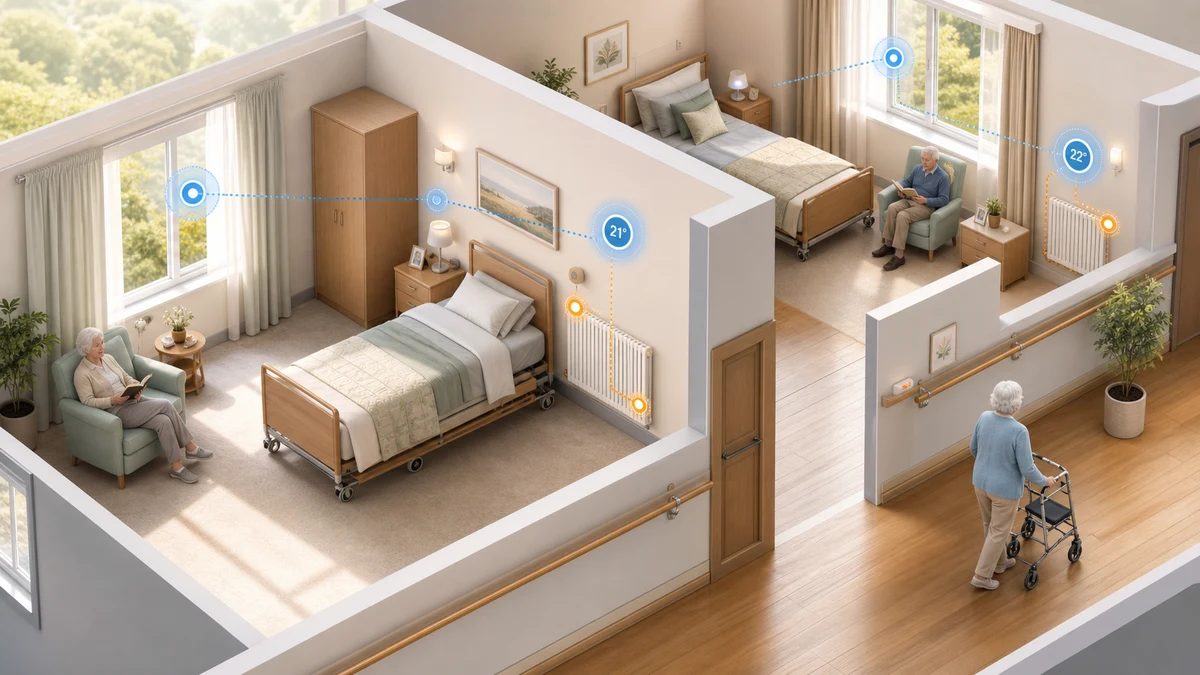 Bright nursing-home bedrooms with room-temperature and open-window monitoring overlays