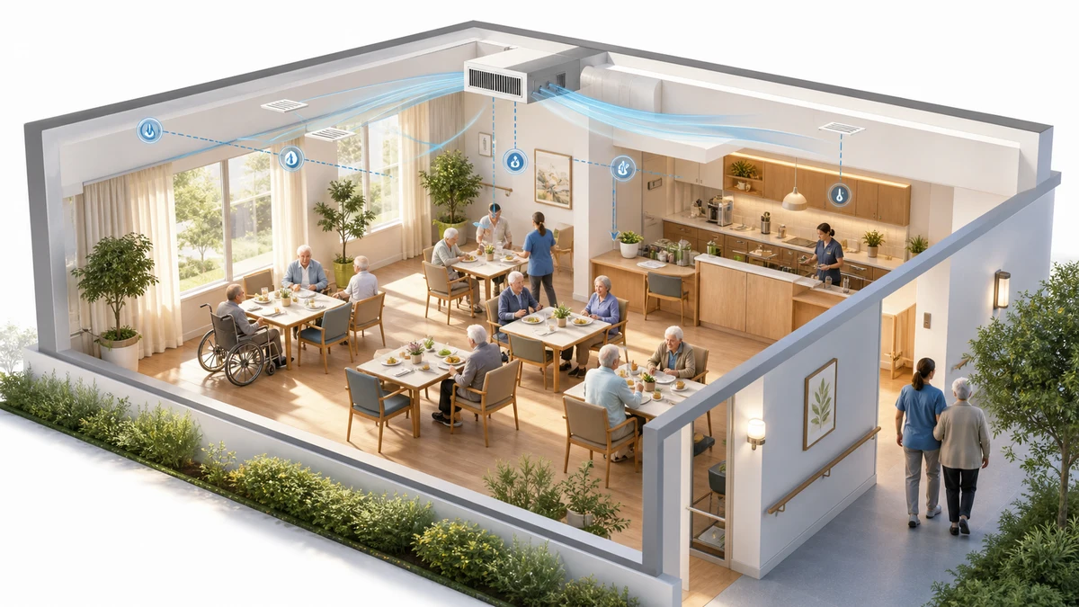 Bright nursing-home dining room with indoor-condition sensors and ventilation airflow