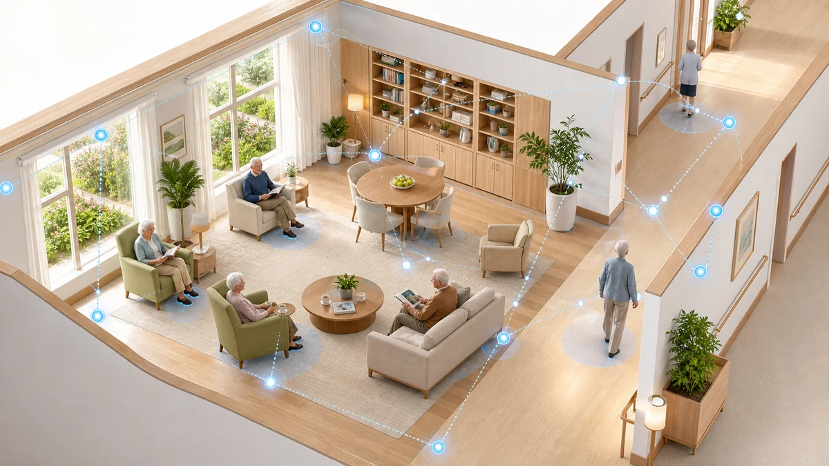 Nursing-home lounge and corridor with anonymous presence and lighting-control zones