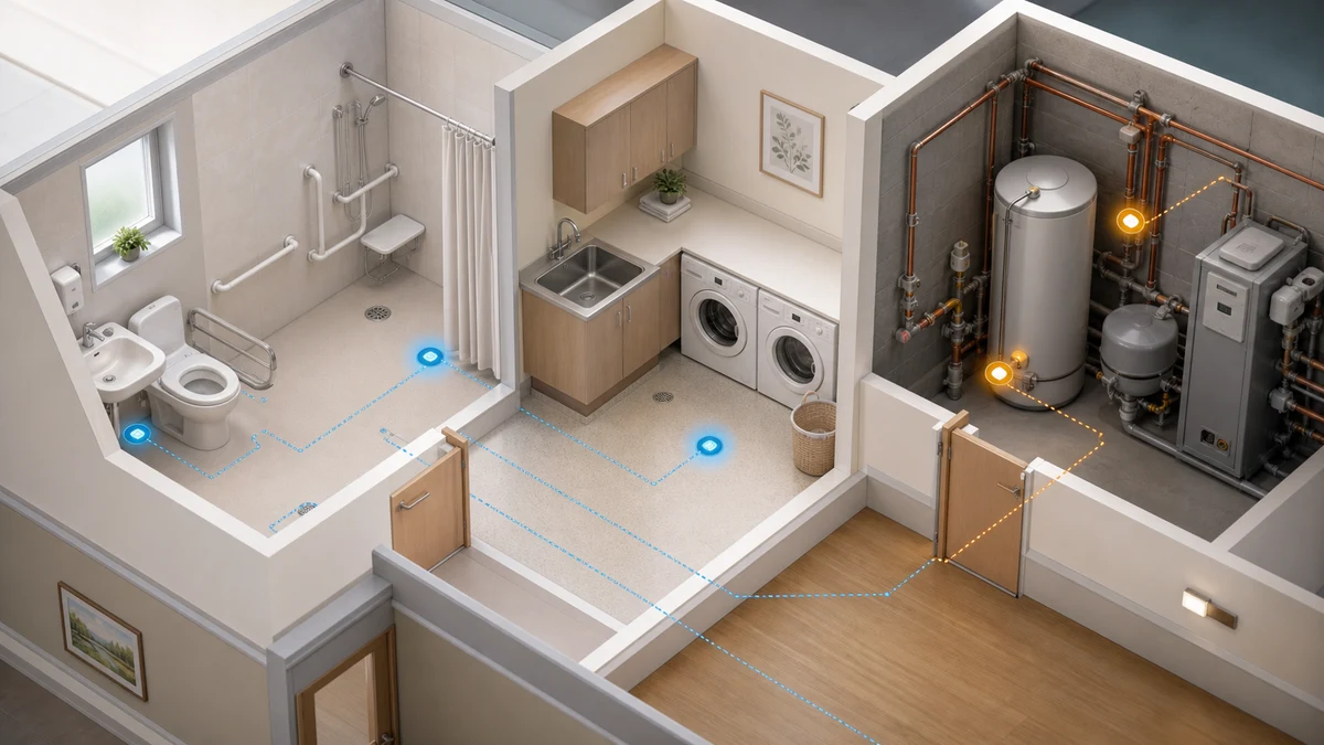 Accessible wet areas and hot-water plant with leak and temperature-monitoring points