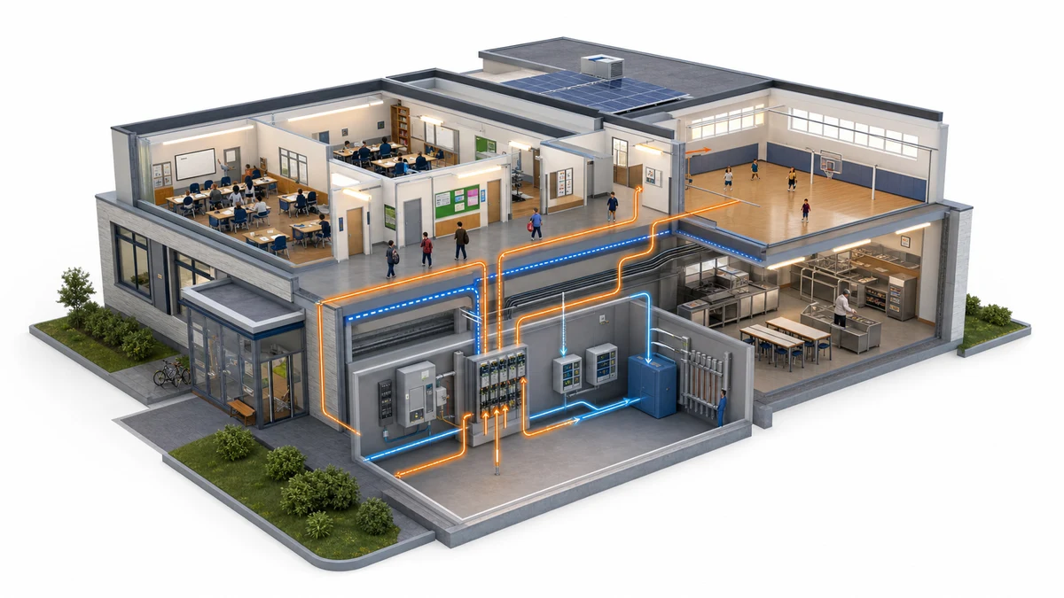 School buildings and electrical distribution circuits shown in a shared energy-monitoring view
