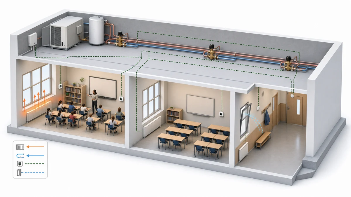 School classrooms and heating zones connected to temperature and scheduling controls