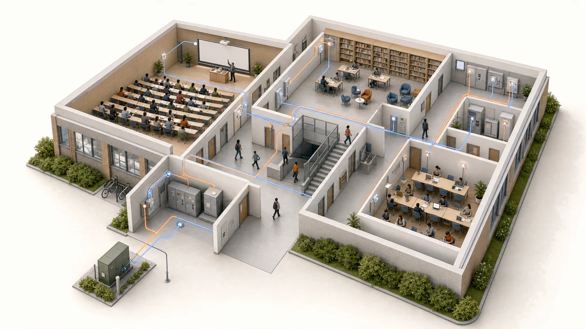 University campus buildings connected to an energy-monitoring view from main meter to individual circuits