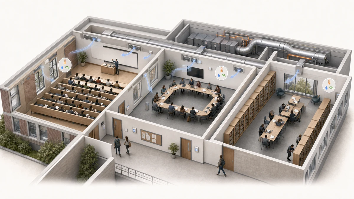 University lecture room with indoor temperature, humidity and carbon-dioxide conditions monitored by zone