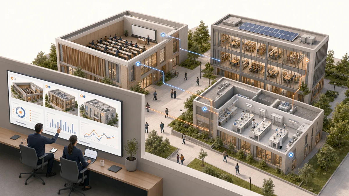 University estates team reviewing energy trends, alerts and performance across three campus buildings